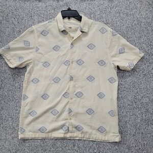 Folk Mens Button Up Shirt Large Cream Blue Geometric Short Sleeve Cotton